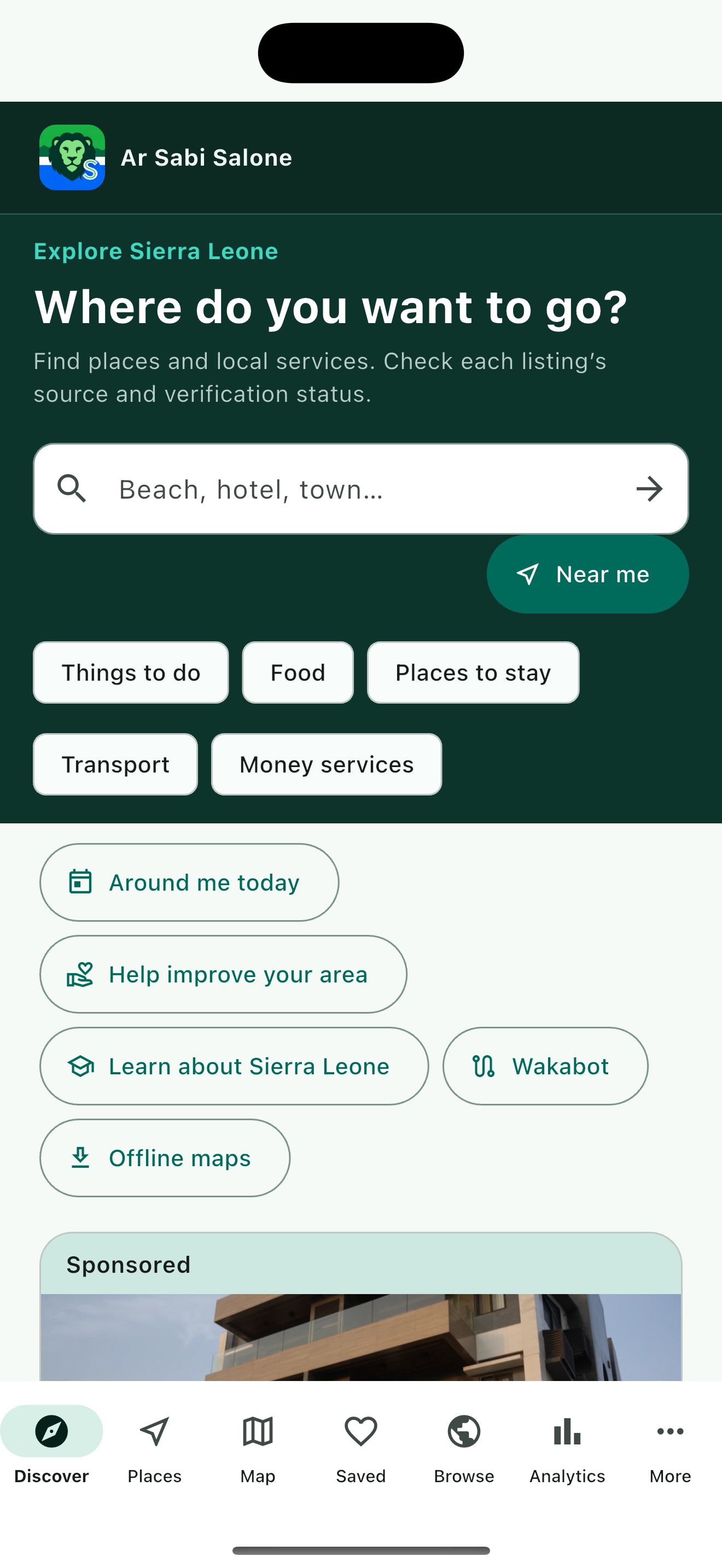 Ar Sabi Salone Discover screen with place search and local service categories