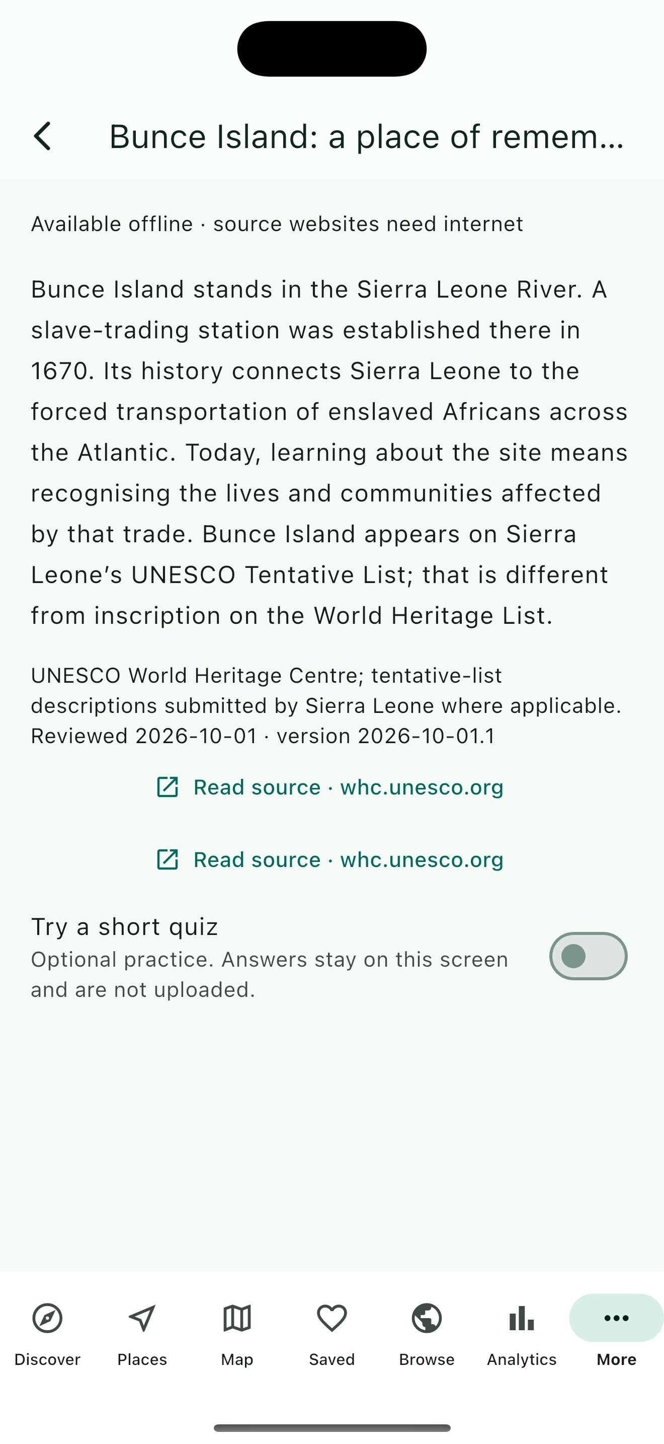 Ar Sabi Salone Bunce Island learning story with UNESCO source links and optional quiz