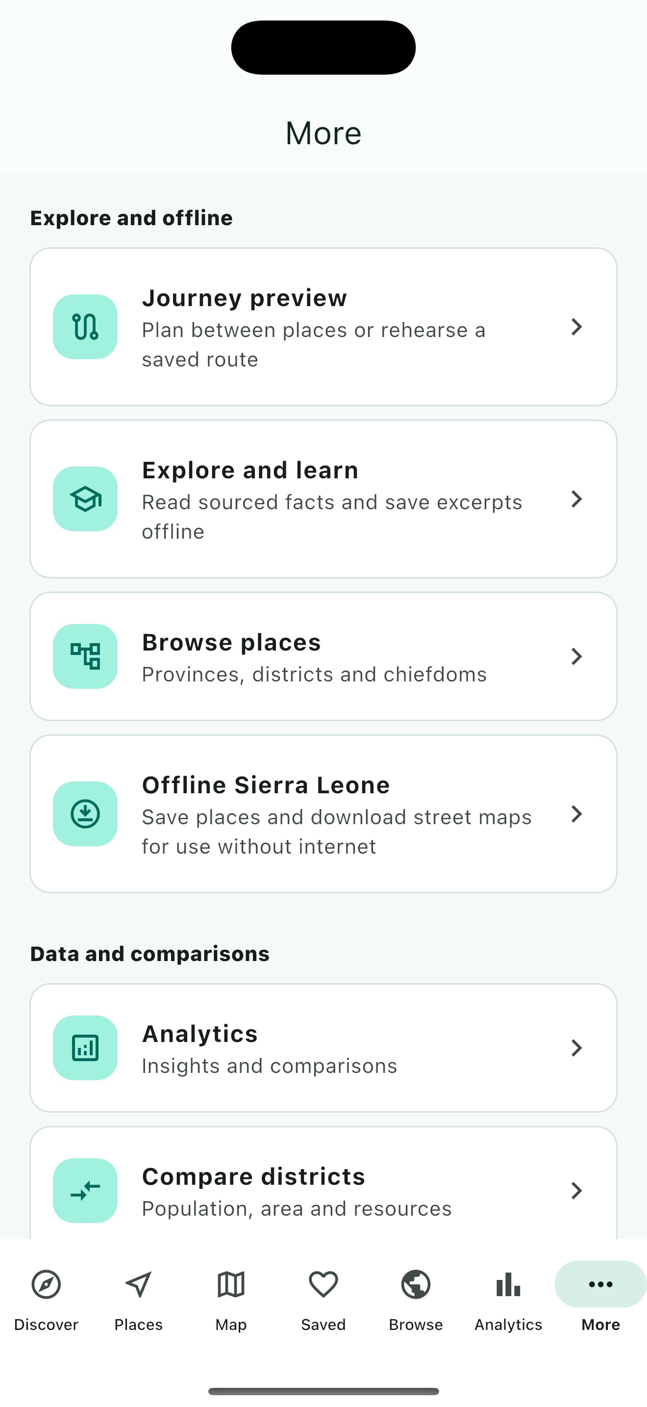 Ar Sabi Salone More menu with learning, journey and offline tools