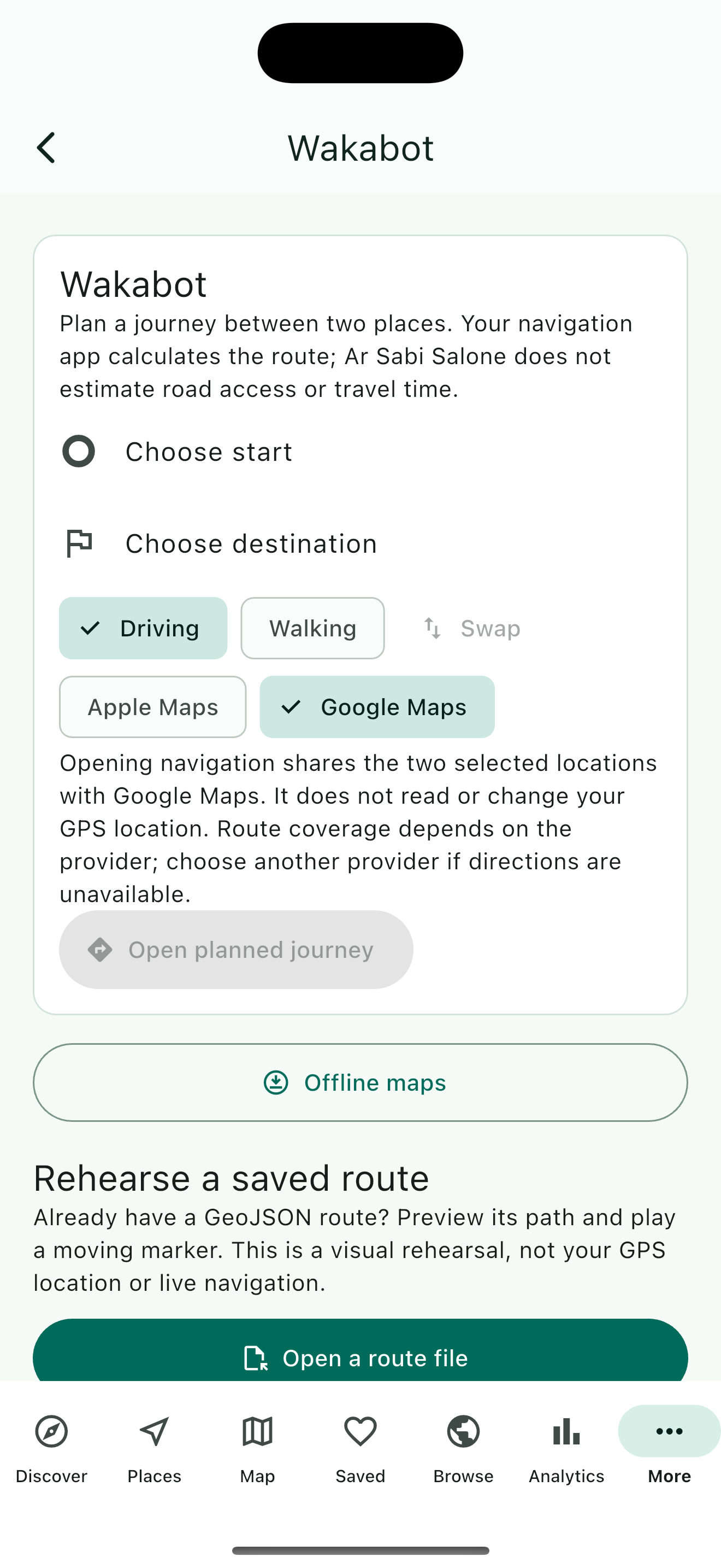 Ar Sabi Salone Wakabot journey planner with start, destination and navigation provider controls